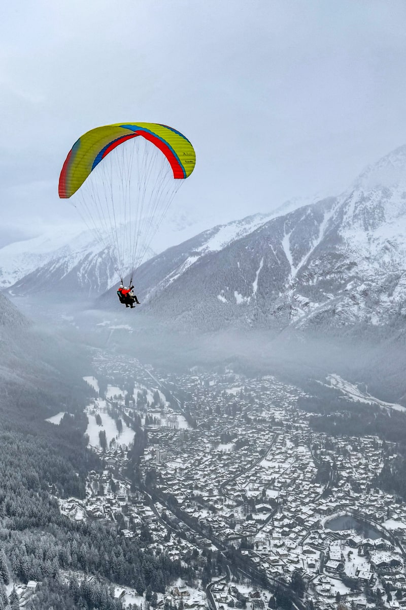 Paragliding flight over Megève's Mountains